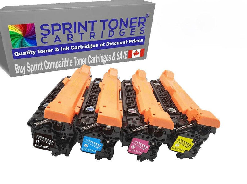 Load image into Gallery viewer, HP CE250X 4 Pack  Set CP3525, High Yield Compatible Toner Cartridge  CE250X, CE251A, CE252A, CE253A - SprintToner
